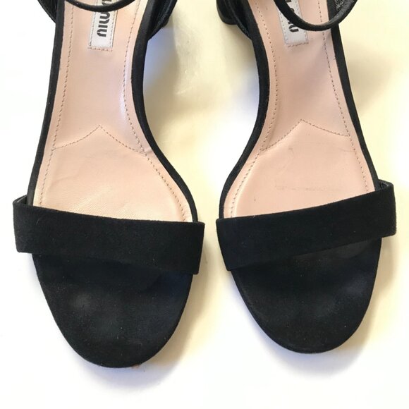 Miu Miu Ankle Wrap Strap Sandals Womens 38 8 Black Suede Shoes Block Heels Italy - Picture 5 of 11